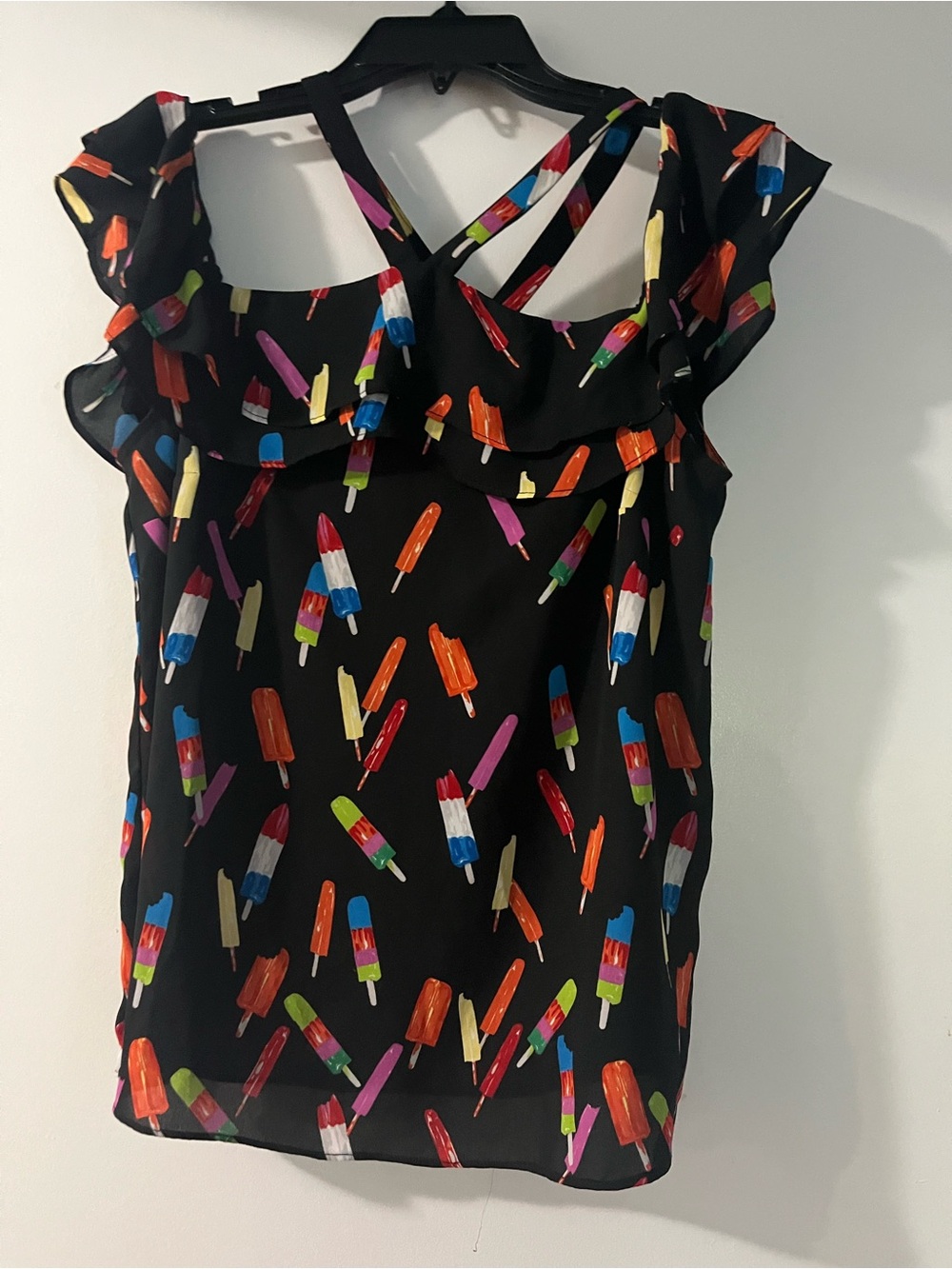 INC International Concepts Black Popsicle-Print Ruffle Strap Top